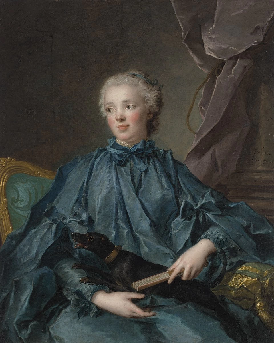 Ritratto di Marie Rose Larlan de Rochefort, marchesa de Nétumières, seduta, con il suo cane